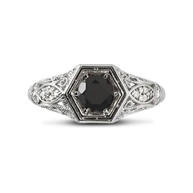 Victorian Style Round Cut Black Diamond Engagement Ring