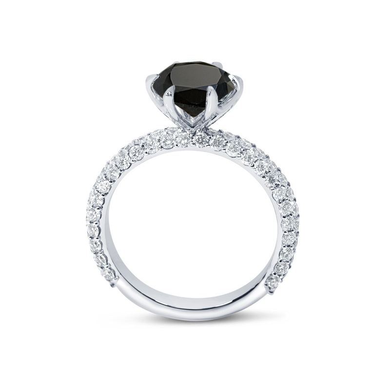 Six Claw 3 Sides Band Setting Round Black Diamond Engagement Ring