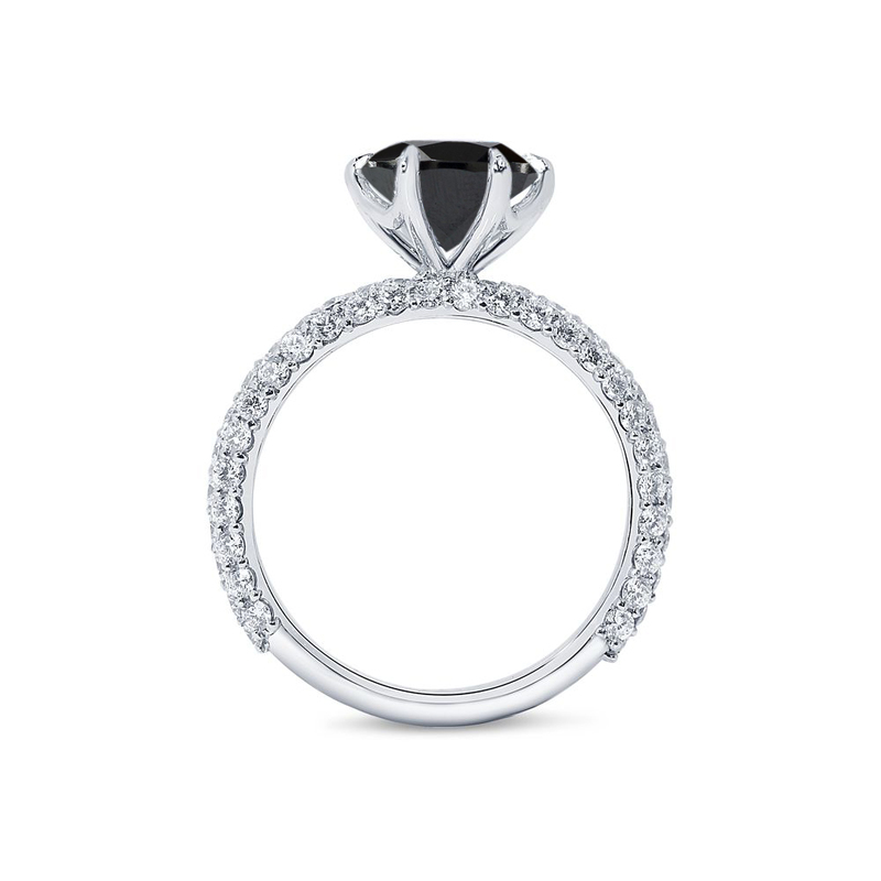 Six Claw 3 Sides Band Setting Round Black Diamond Engagement Ring