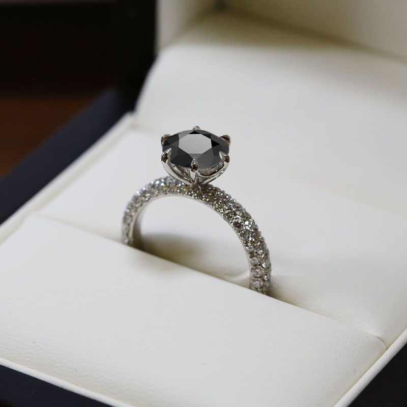 Six Claw 3 Sides Band Setting Round Black Diamond Engagement Ring