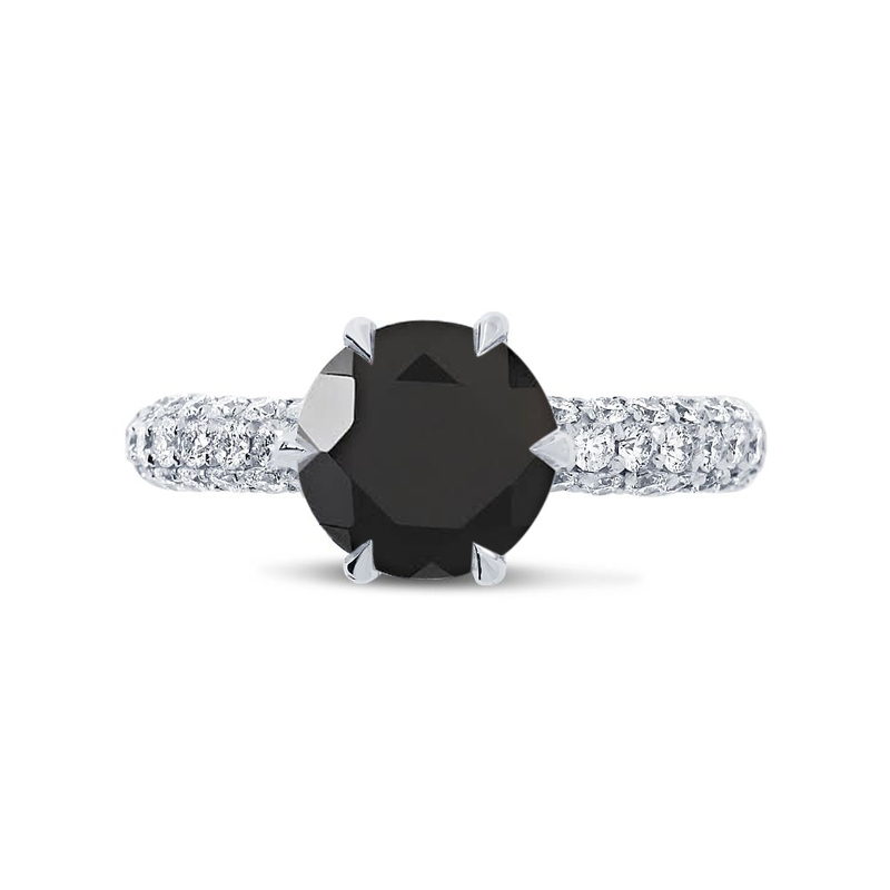 Six Claw 3 Sides Band Setting Round Black Diamond Engagement Ring