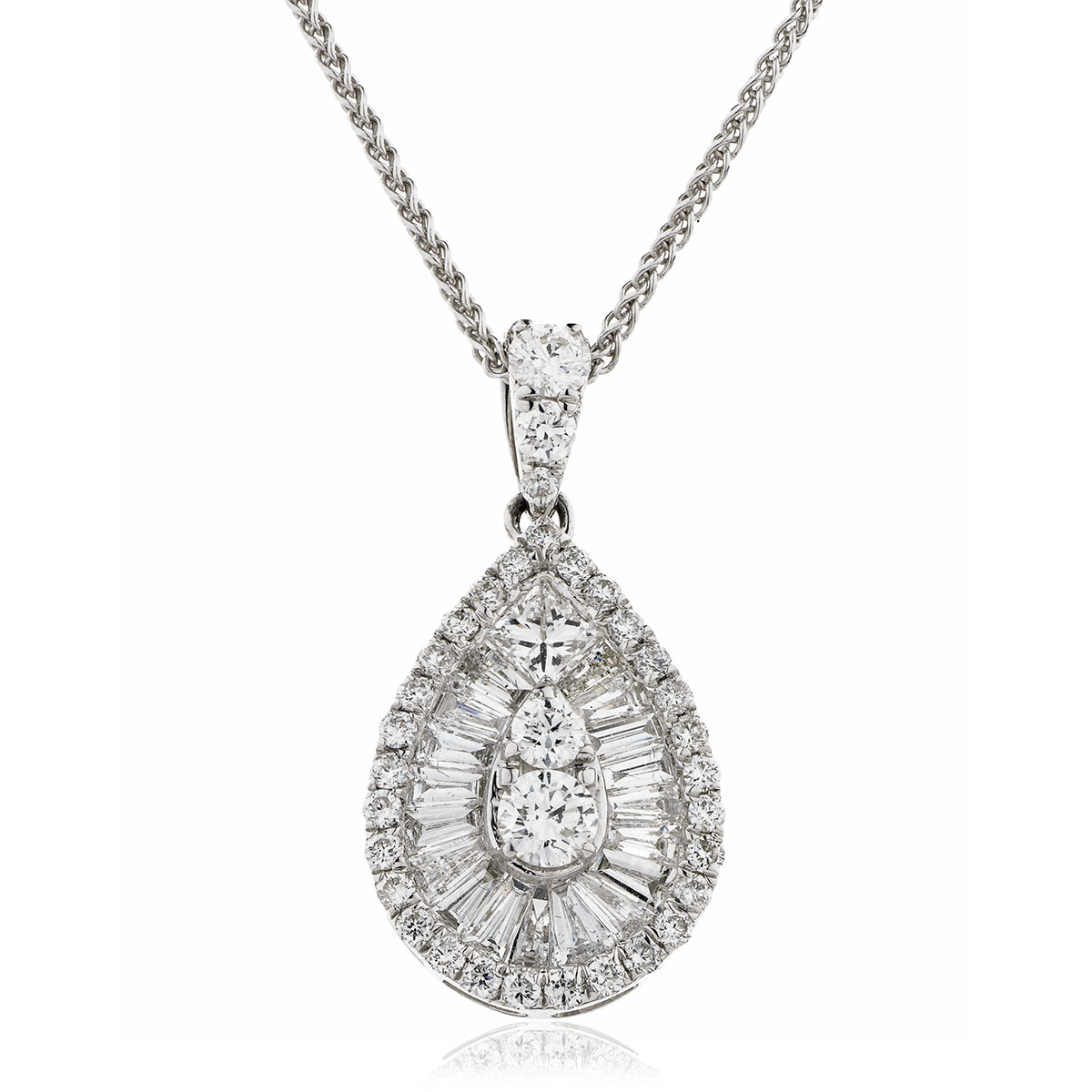 Pear Shaped Halo Round Baguette Cuts Diamond Pendant