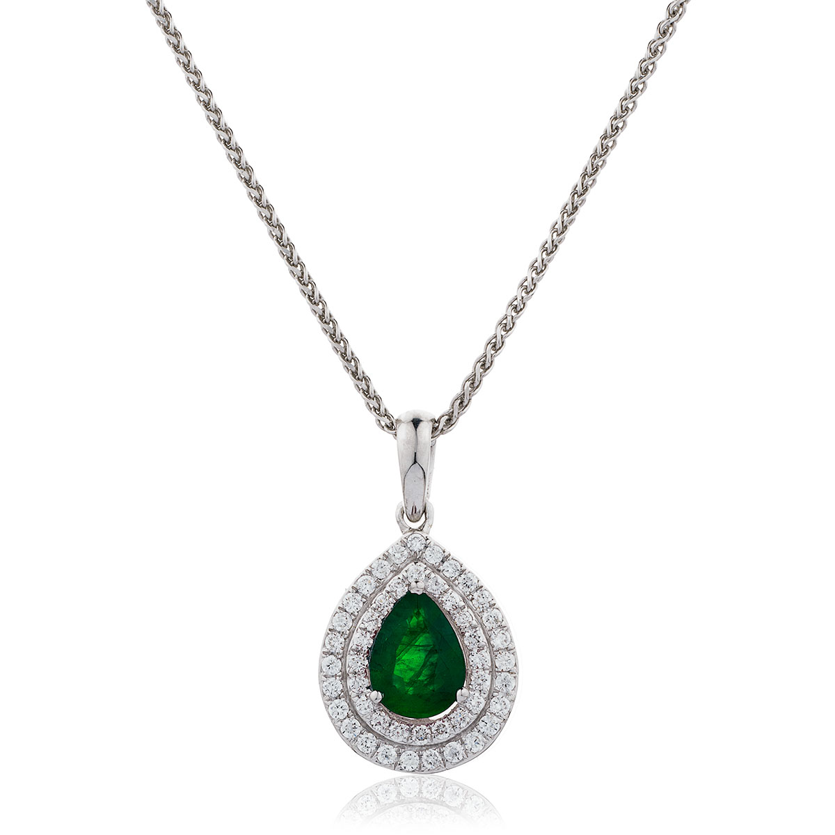 Double Halo Pear Shape Emerald Pendant