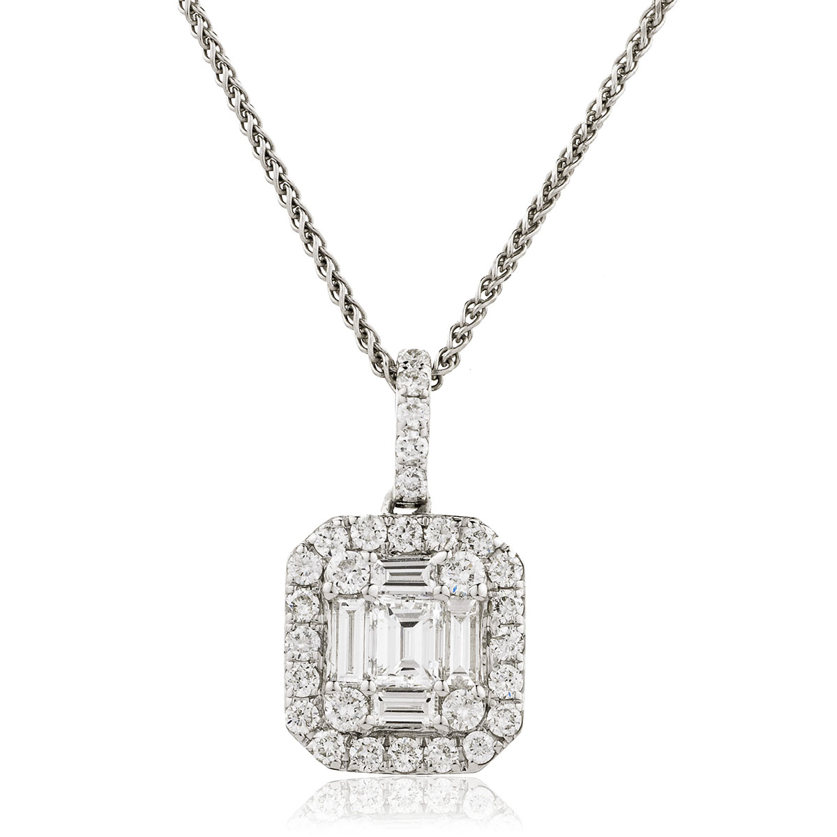 Micro Set Halo Round Baguette Cuts Diamond Pendant