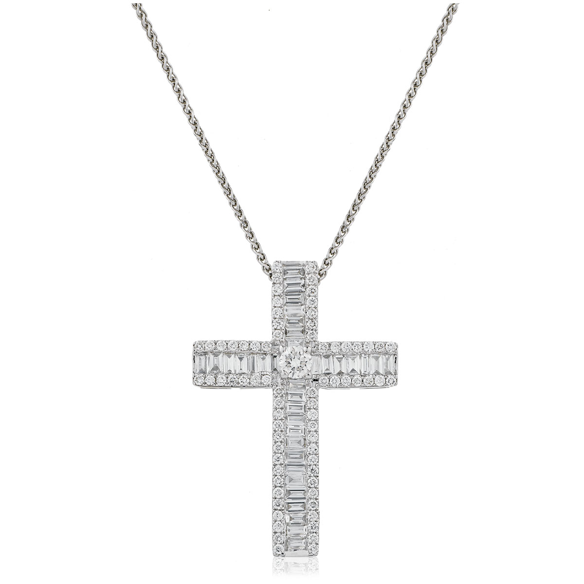 Straight Round Baguette Cut Cross Diamond Pendant