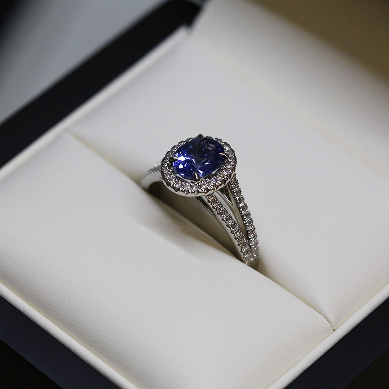 Split Shank Blue Sapphire Oval Shape Diamond Halo Ring 