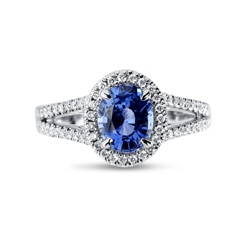 Split Shank Blue Sapphire Oval Diamond Halo Ring 