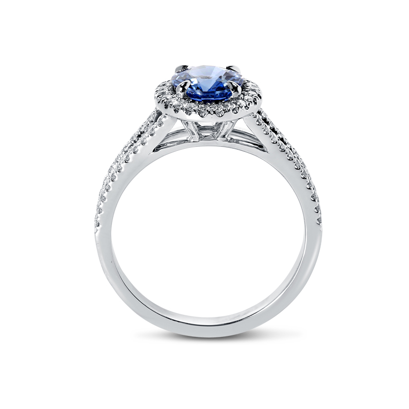 Split Shank Blue Sapphire Oval Diamond Halo Ring 