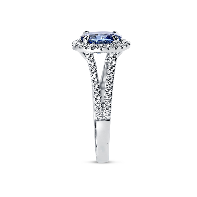 Split Shank Blue Sapphire Oval Shape Diamond Halo Ring 