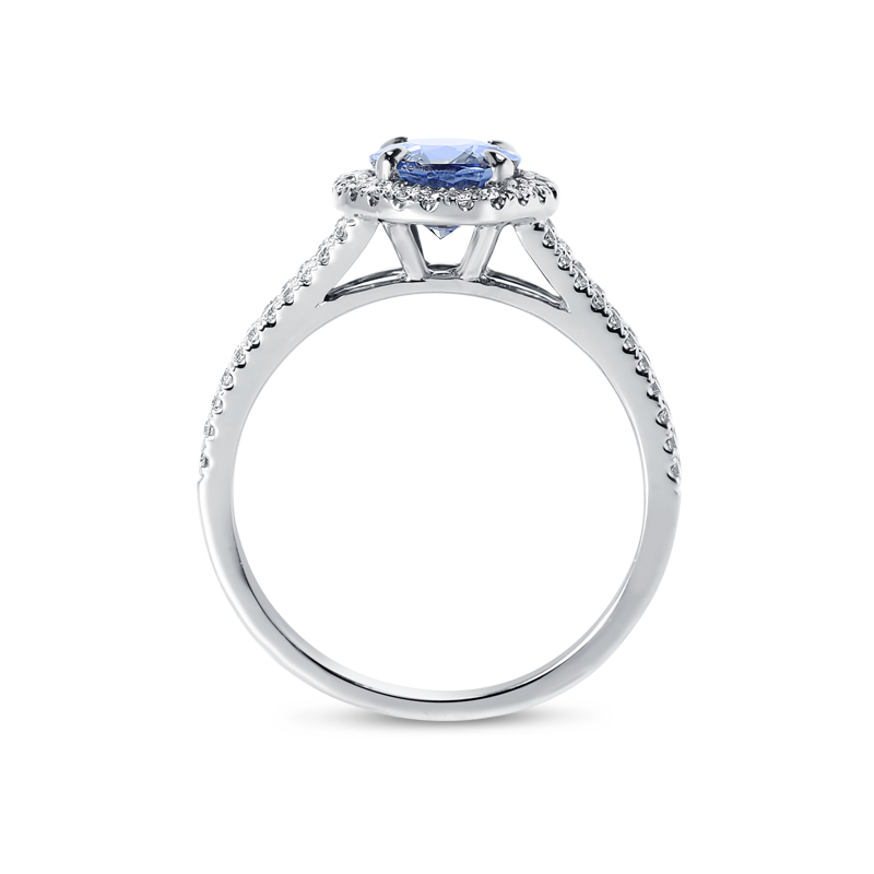 Split Shank Blue Sapphire Oval Diamond Halo Ring 