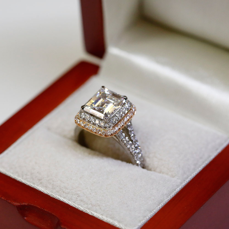 Emerald cut halo split shank engagement rings hot sale