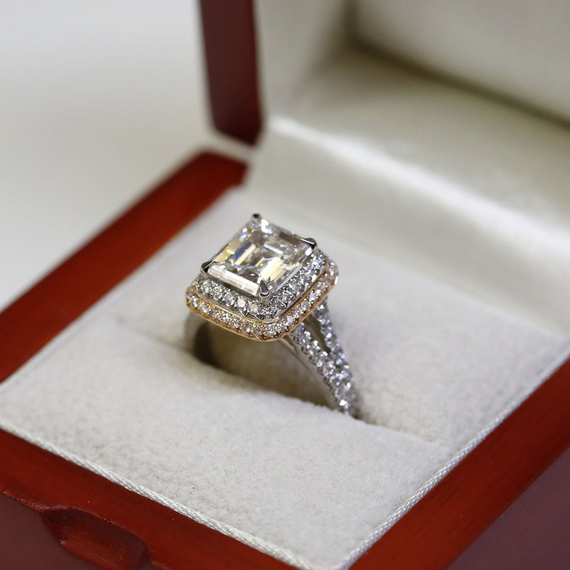 Split Shank Double Halo Emerald Cut Diamond Engagement Ring