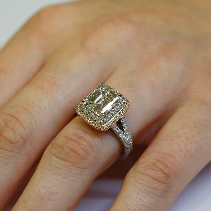 Split Shank Double Halo Emerald Cut Lab Grown Diamond Engagement Ring