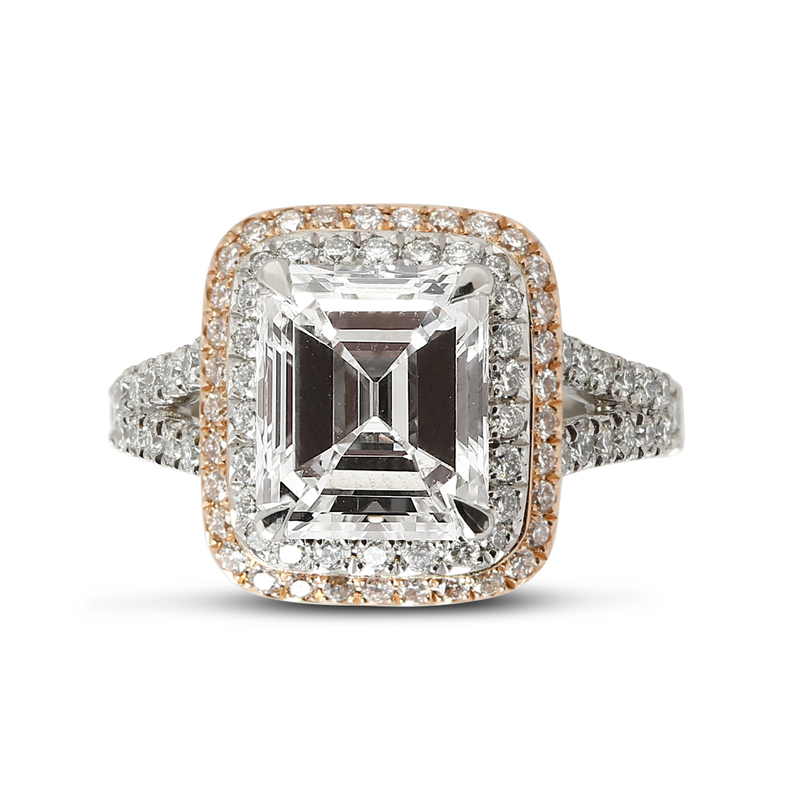 Split Shank Double Halo Emerald Cut Diamond Engagement Ring