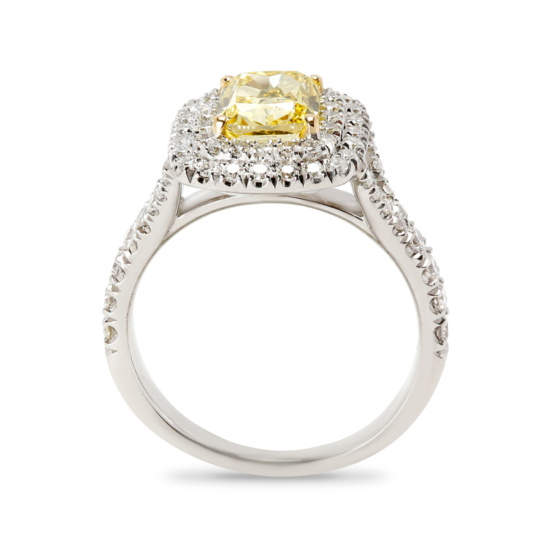 Fancy Yellow Cushion Cut Diamond Double Halo Engagement Ring