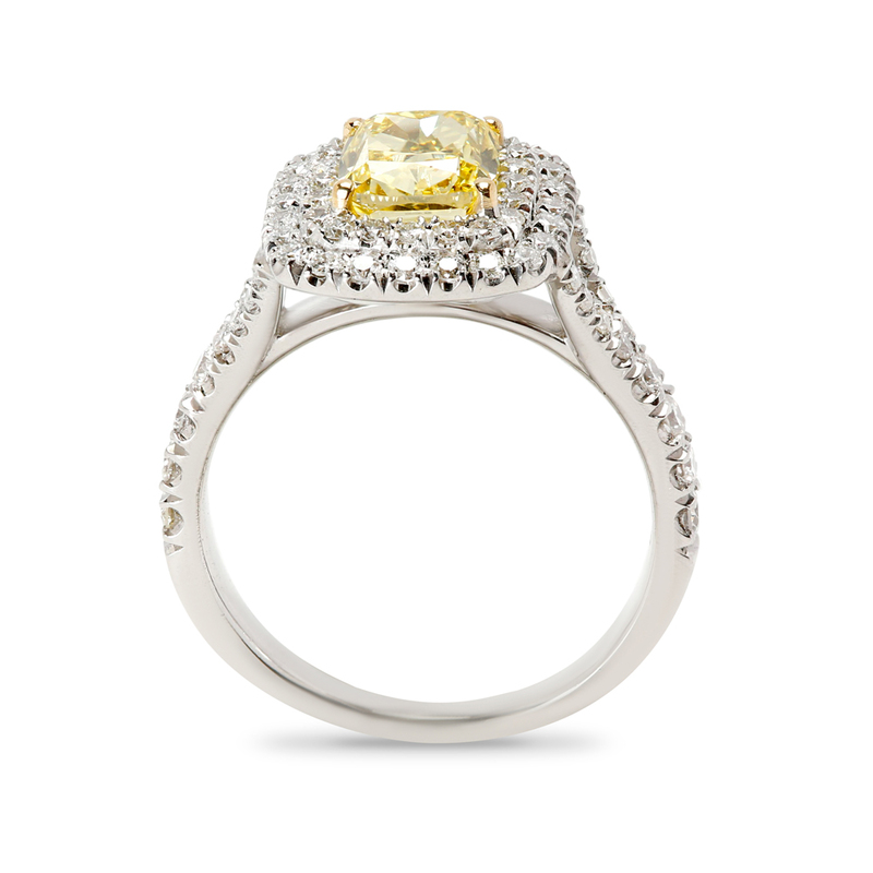 Fancy Yellow Cushion Shape Diamond Double Halo Engagement Ring