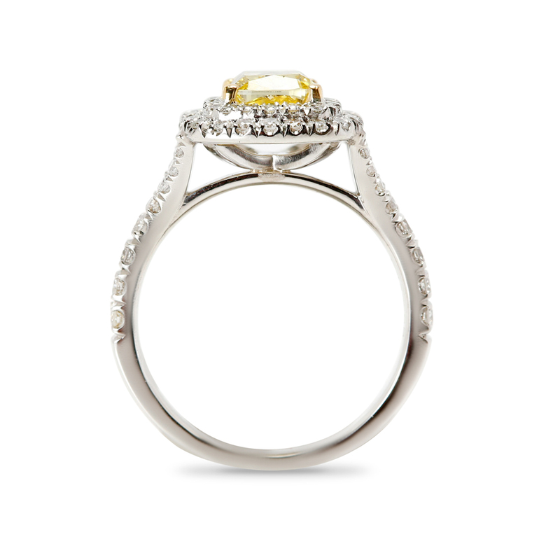 Fancy Yellow Cushion Shape Diamond Double Halo Engagement Ring