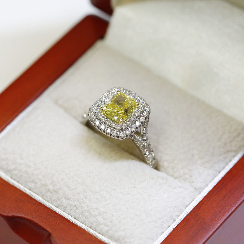 Lab-Grown Yellow Cushion Diamond Double Halo Engagement Ring