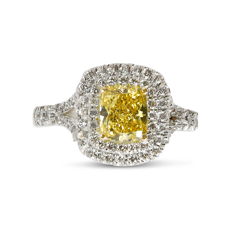 Fancy Yellow Cushion Shape Diamond Double Halo Engagement Ring