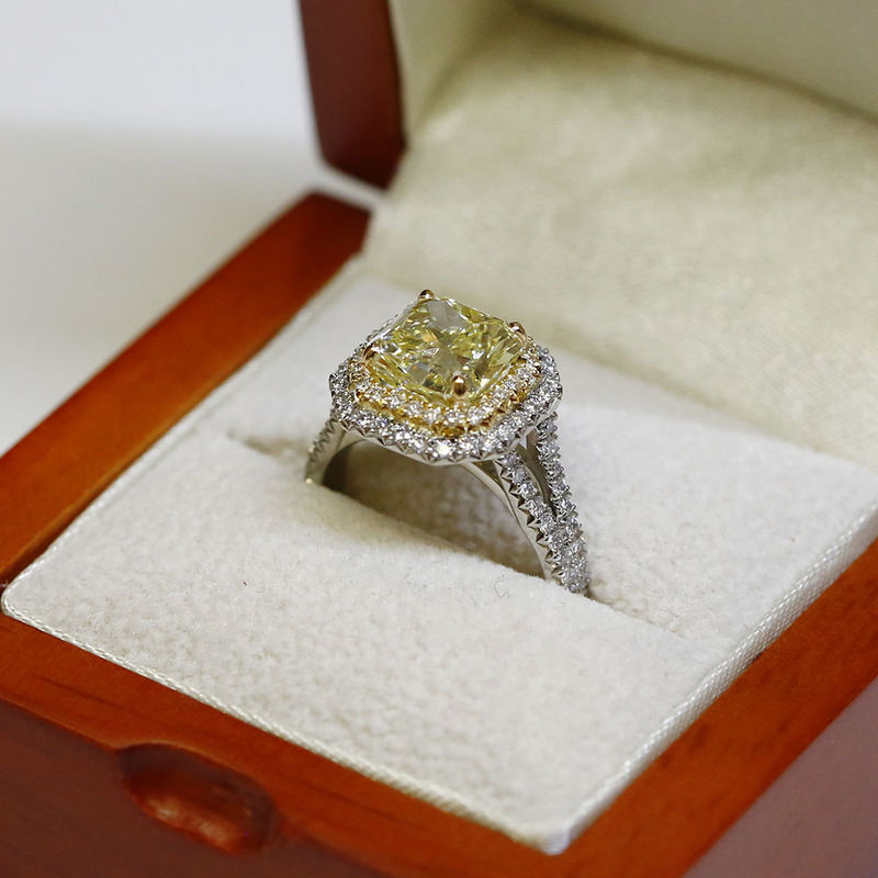 Double Halo Yellow Radiant Cut Diamond Cocktail Ring