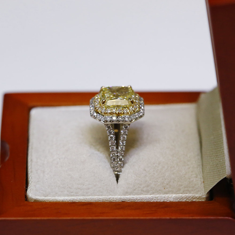 Double Halo Yellow Radiant Cut Diamond Cocktail Ring