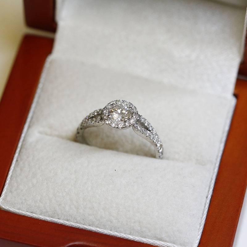 Split Shank Round Diamond Halo Engagement Ring