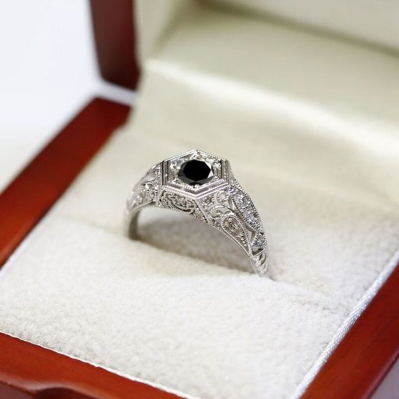 Victorian Style Round Cut Black Diamond Engagement Ring