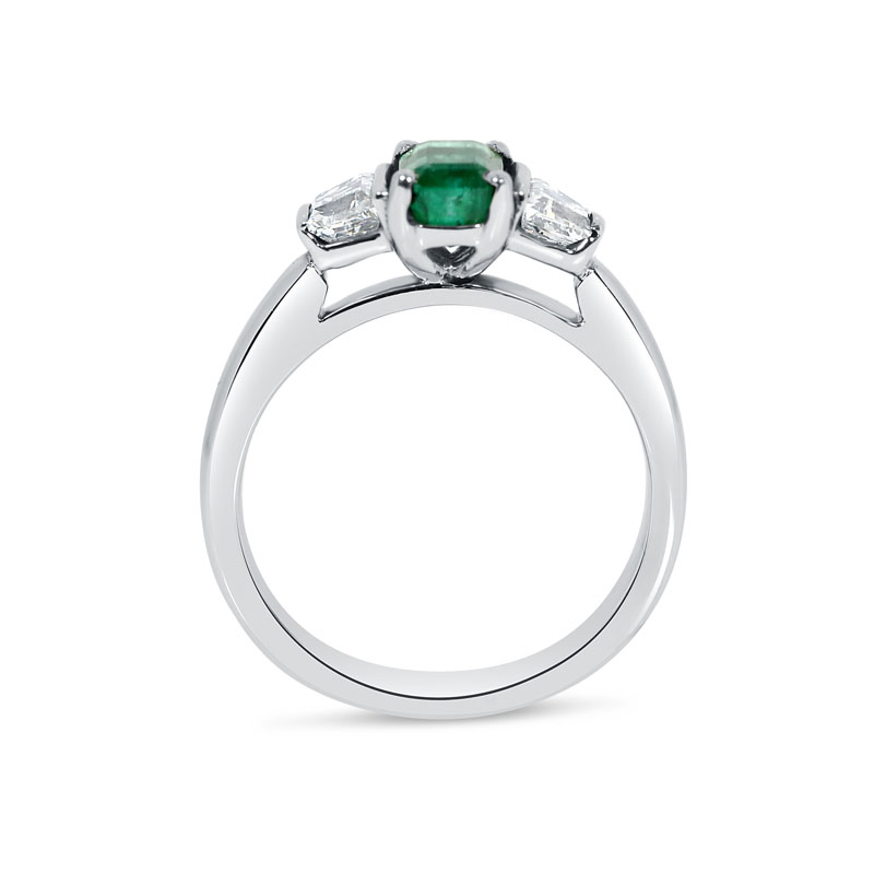 Green Emerald Side Trapezoid Diamonds Engagement Ring
