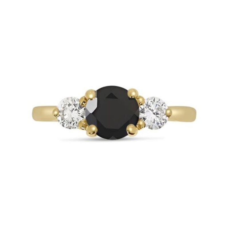 Round Cut Black Diamond Trilogy Yellow Gold Engagement Ring