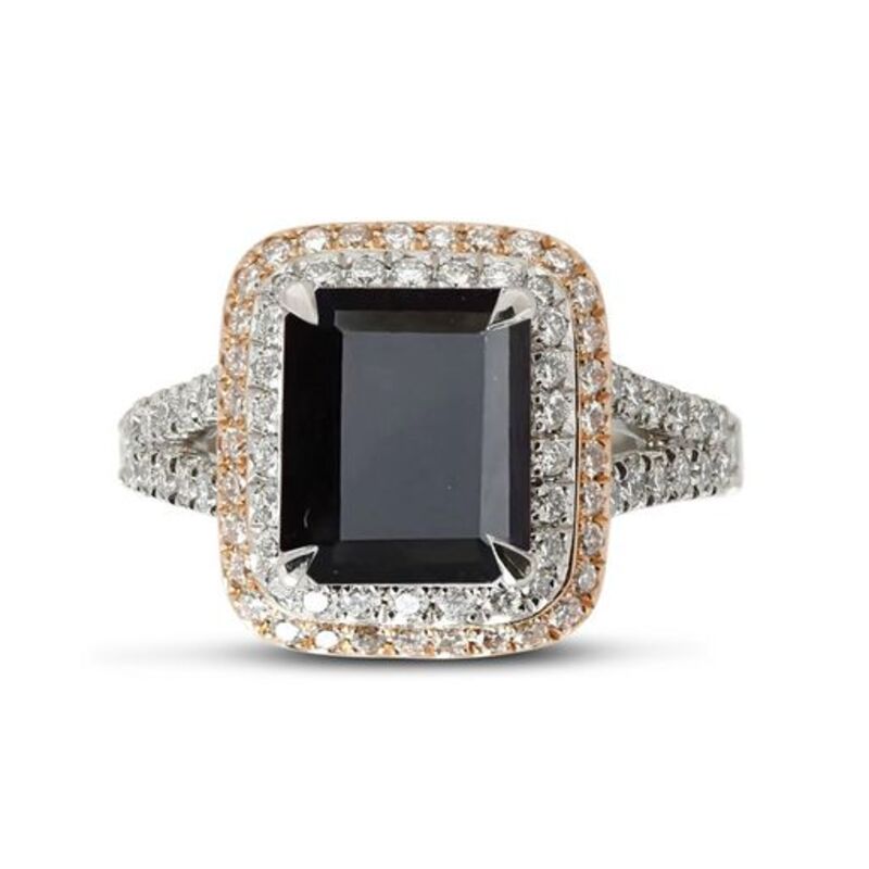 Split Shank Double Halo Emerald Cut Black Diamond Engagement Ring