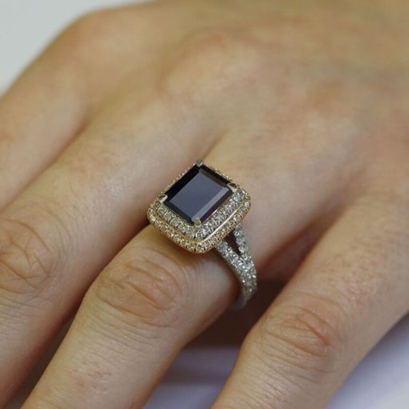 Split Shank Double Halo Emerald Cut Black Diamond Engagement Ring