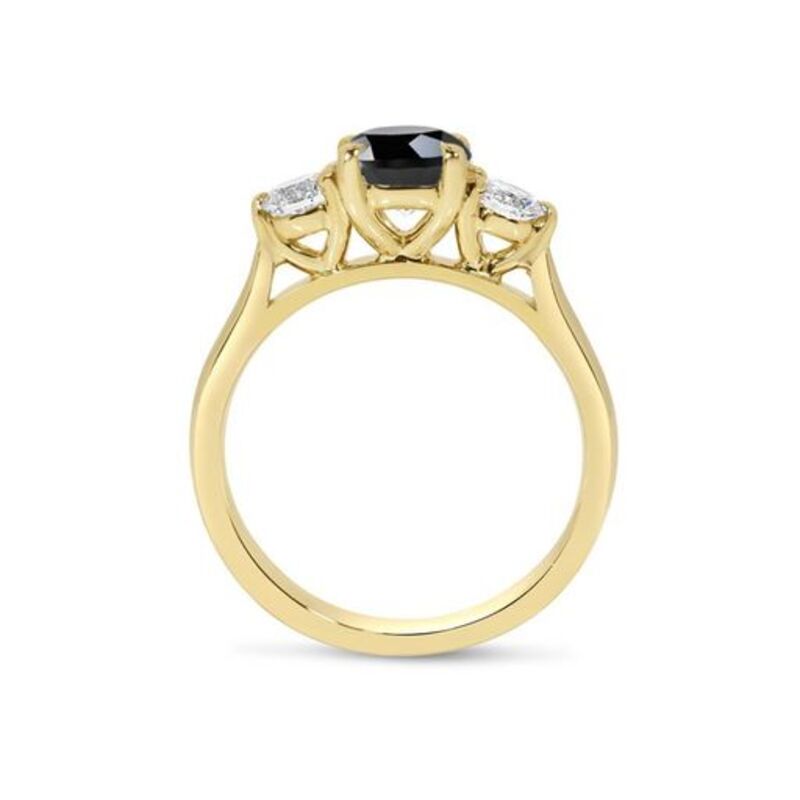 Round Cut Black Diamond Trilogy Yellow Gold Engagement Ring