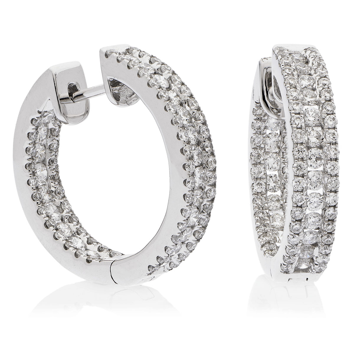 3 Row Pave In And Out Round Diamond Hoops Earrings