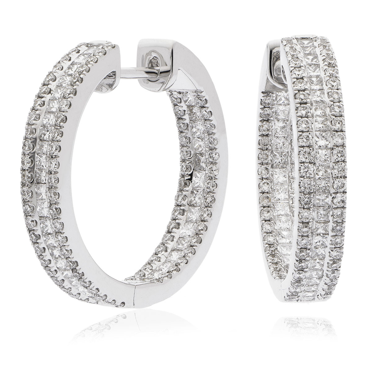3 Row Princess Cut In And Out Diamond Hoops Earrings
