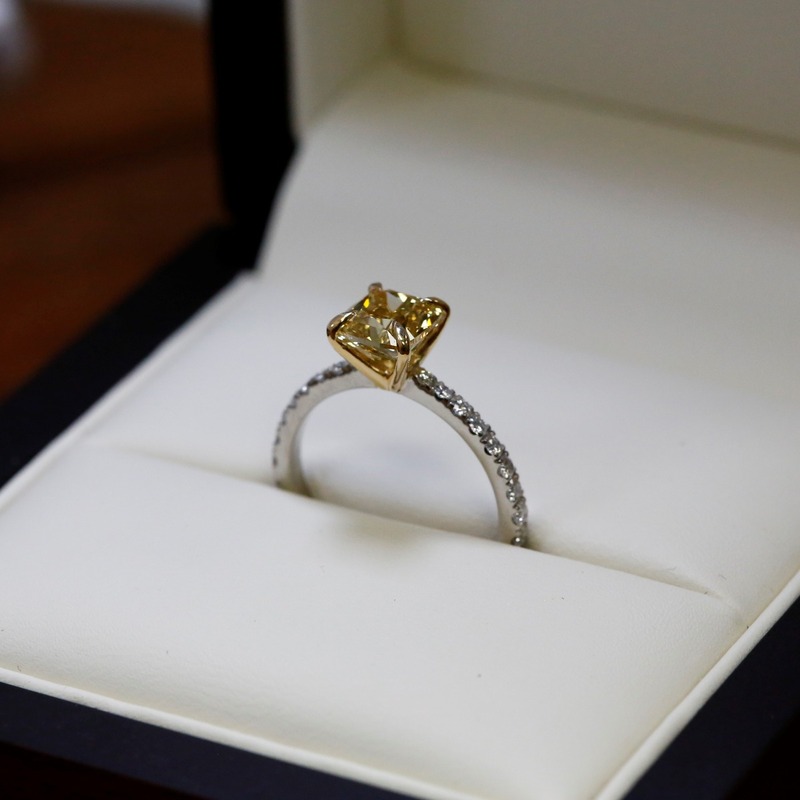 Yellow Diamond Cushion Shape Micro Setting Engagement Ring