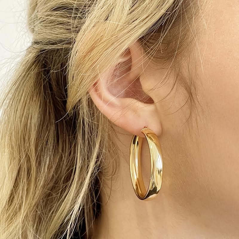 Yellow Gold 35mm Court Shape Tube Hoop Earrings