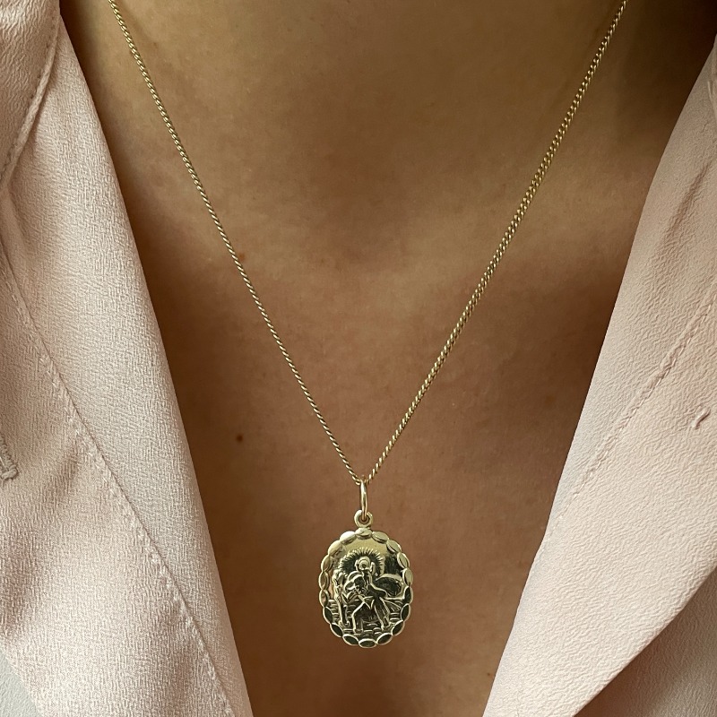 Yellow Gold Double Sided Oval Shaped St Christopher Pendant