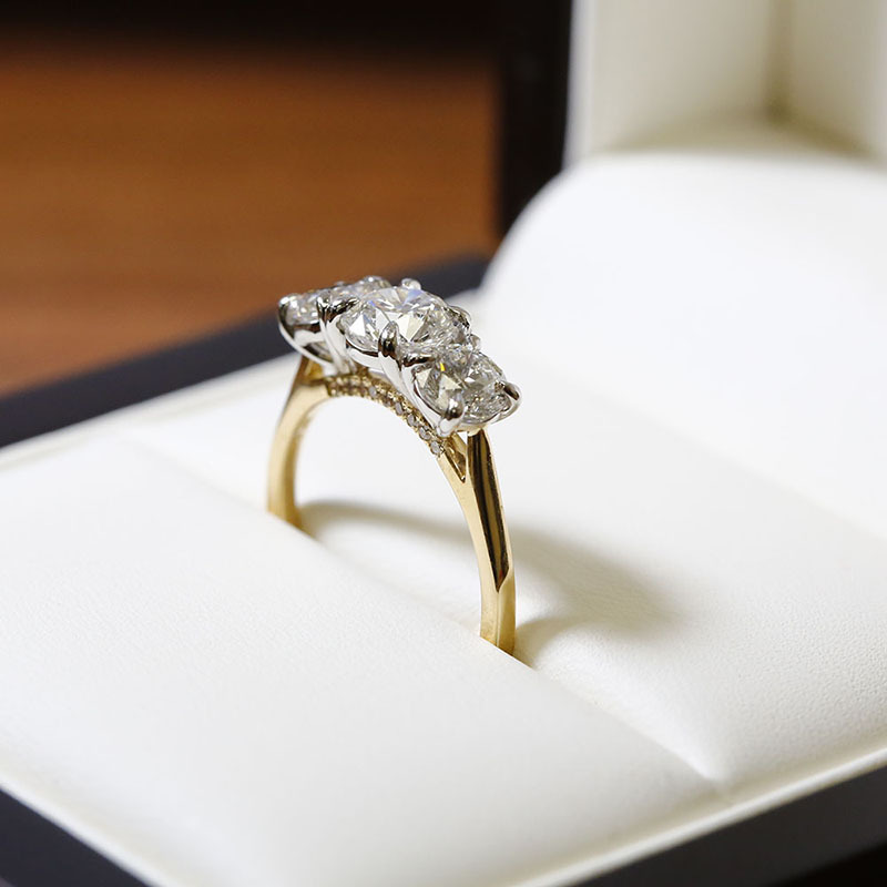 Round Shape Trilogy Pave Set Bridge Diamond Engagement Ring Reve