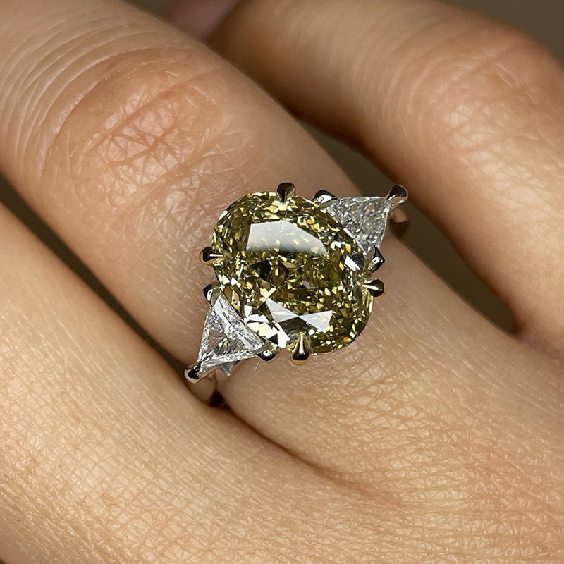 Yellow Oval lab grown Diamond Triangle Side Engagement Ring