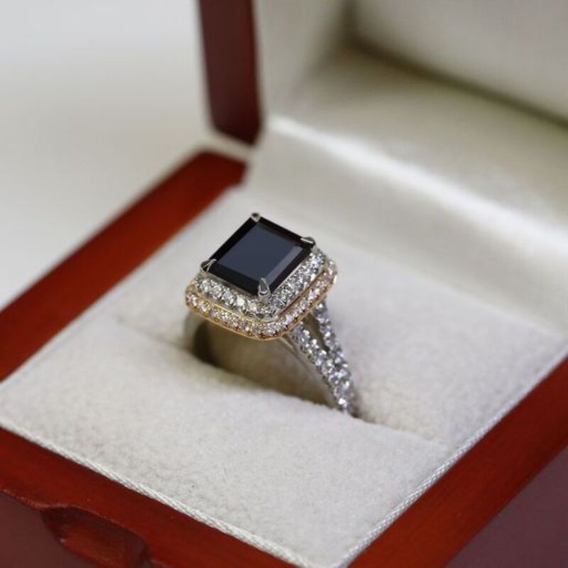 Split Shank Double Halo Emerald Cut Black Diamond Engagement Ring