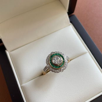 Vintage Style Emerald Halo Diamond Engagement Ring