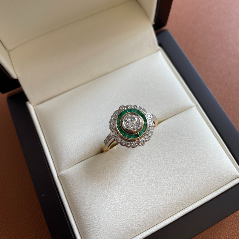 Vintage Style Emerald Halo Diamond Engagement Ring